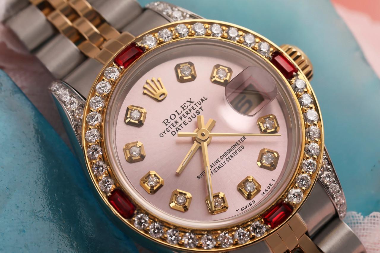 Round Cut Ladies Rolex 26mm Datejust Two Tone Jubilee Metallic Pink Diamond Dial 69173 For Sale