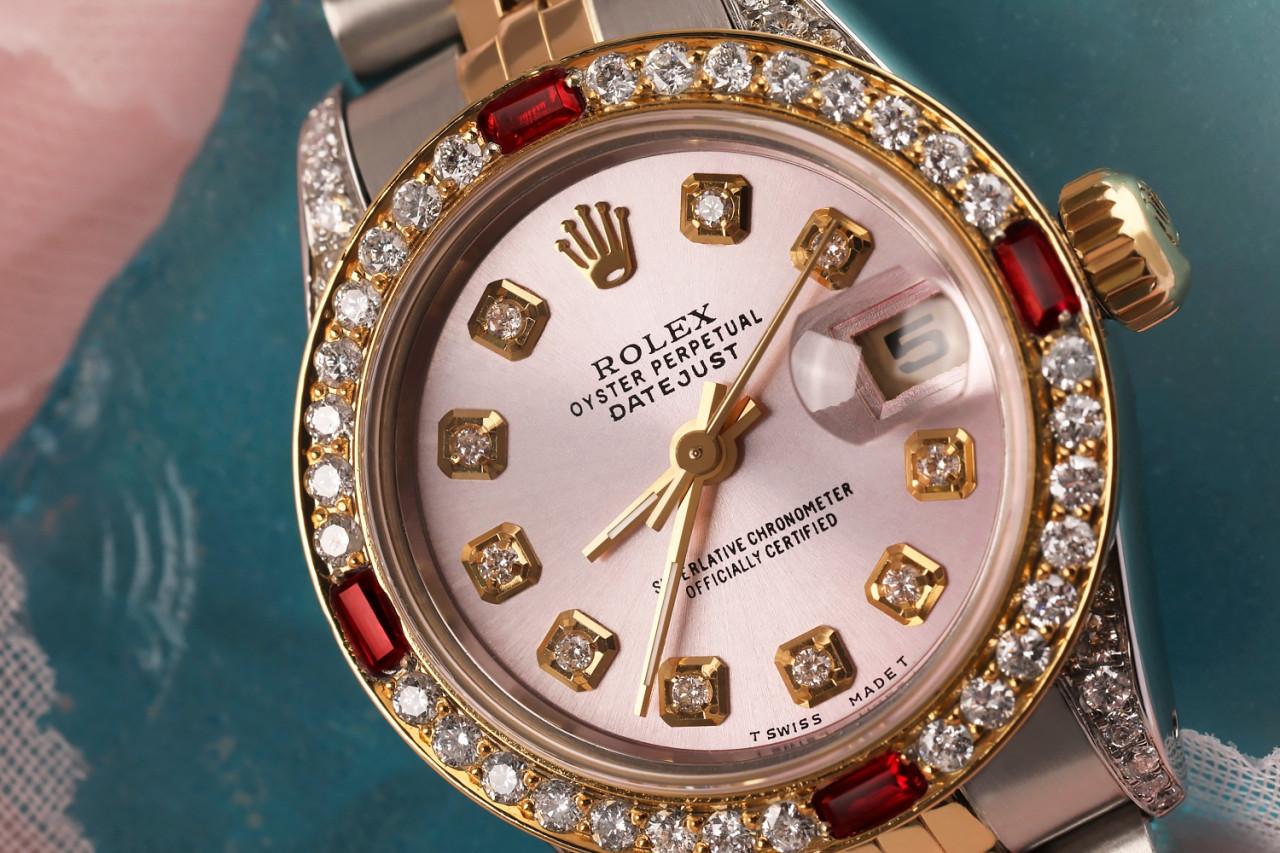 Ladies Rolex 26mm Datejust Two Tone Jubilee Metallic Pink Diamond Dial 69173 In Excellent Condition For Sale In New York, NY