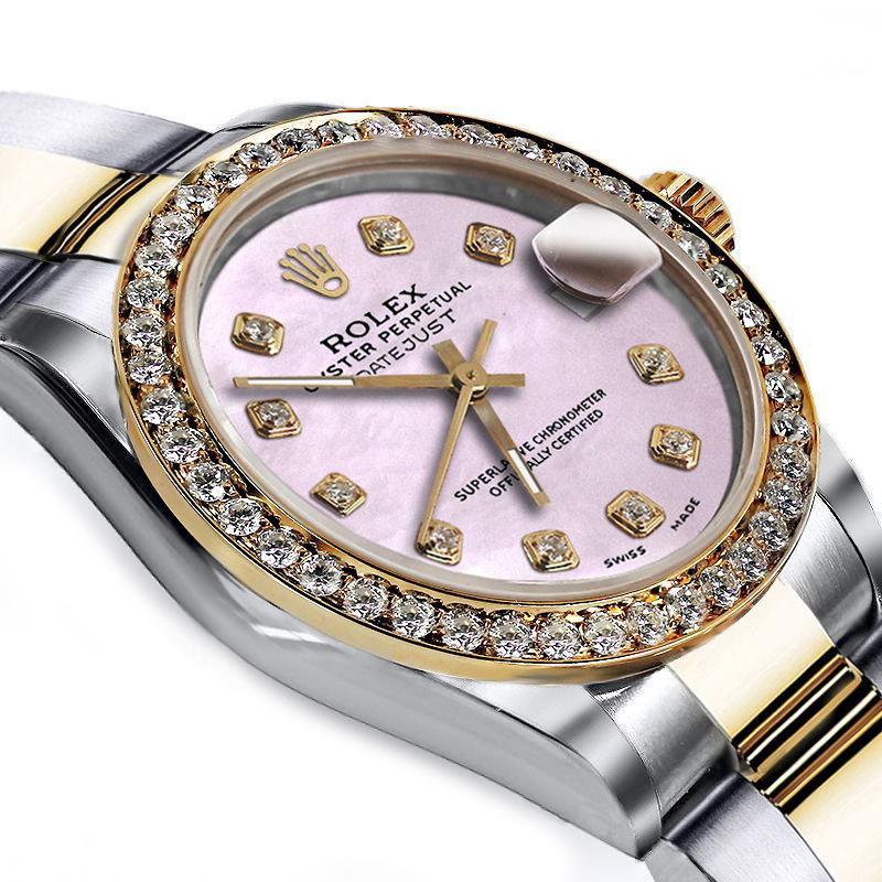 Ladies Rolex 26mm Datejust Two Tone Pink MOP Mother Of Pearl Dial with Diamond Accent+ Bezel 69173

