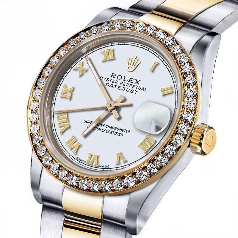 Taille ronde Rolex Montre Datejust pour femme avec cadran chiffres romains bicolores blancs et lunette en diamant 69173 en vente