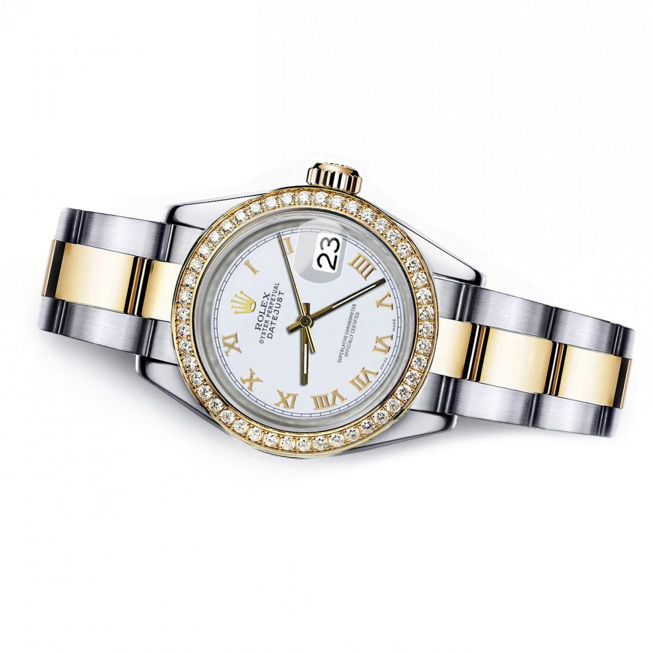 Rolex Montre Datejust pour femme avec cadran chiffres romains bicolores blancs et lunette en diamant 69173 Excellent état - En vente à New York, NY