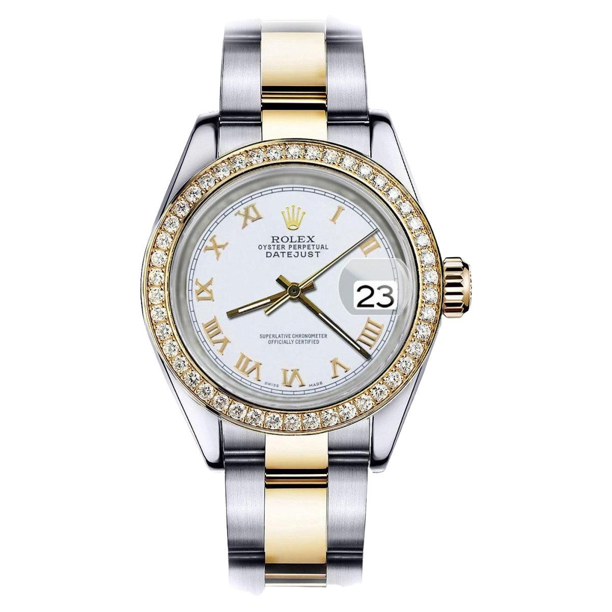 Rolex Montre Datejust pour femme avec cadran chiffres romains bicolores blancs et lunette en diamant 69173 en vente