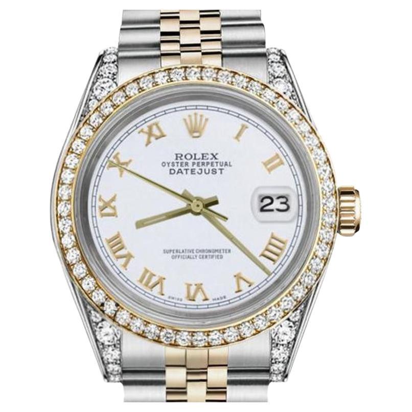 Ladies Rolex Datejust Two Tone Diamond Bezel & Lugs White Roman Numeral Dial For Sale