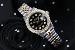 Ladies Rolex Datejust Vintage Diamond Bezel Two Tone Black Color Dial 69173