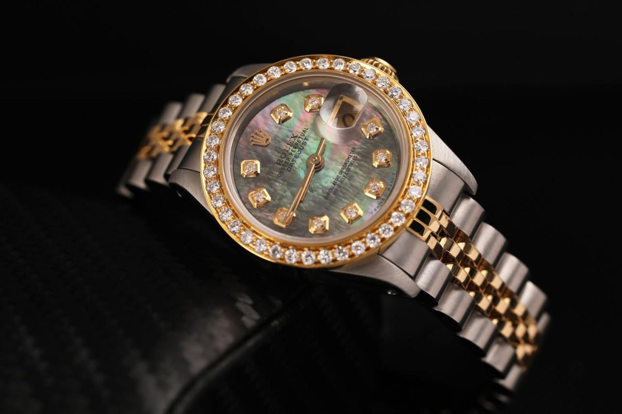Taille ronde Rolex Montre Datejust vintage en or bicolore avec lunette en diamants, pour femmes 69173 en vente