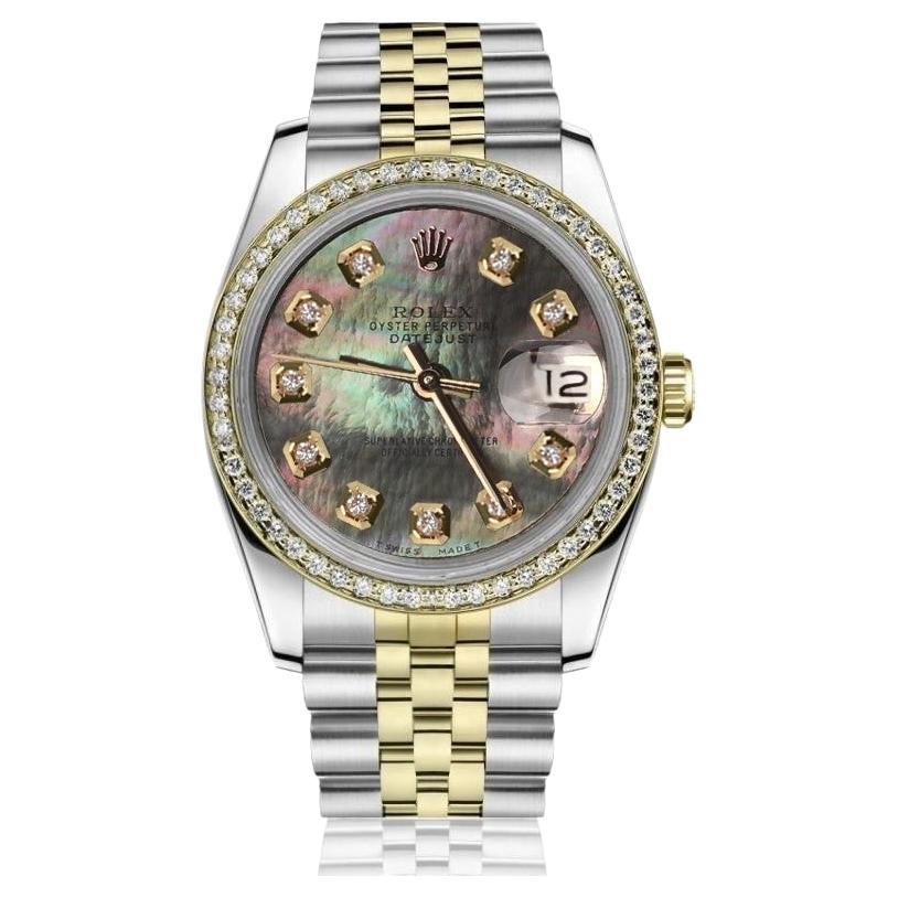 Ladies Rolex Datejust Vintage Diamond Bezel Two Tone Black MOP Watch 69173 For Sale