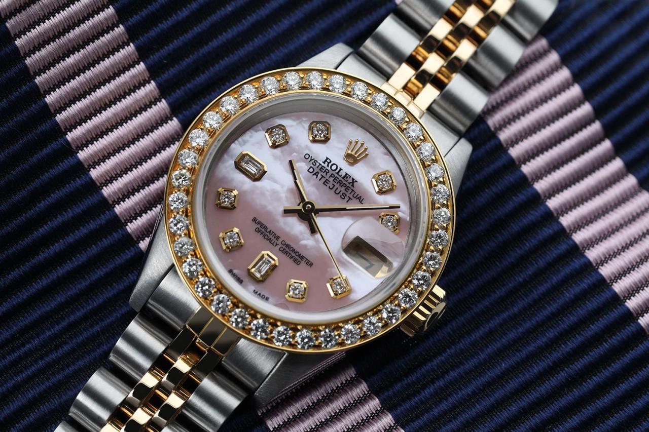 Damen Rolex Datejust Vintage Diamant-Lünette zweifarbige rosa MOP-Uhr 69173 (Rundschliff) im Angebot