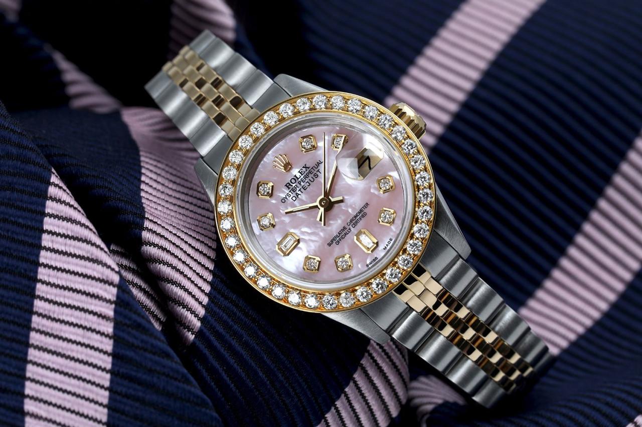 Damen Rolex Datejust Vintage Diamant-Lünette zweifarbige rosa MOP-Uhr 69173 im Zustand „Hervorragend“ im Angebot in New York, NY