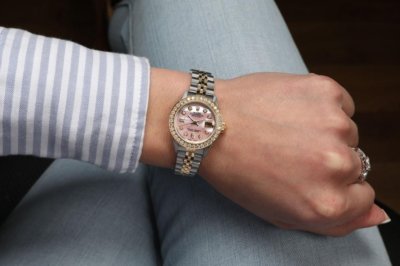 Rolex Montre Datejust vintage à lunette en diamants bicolores roses 69173, pour femmes en vente 3
