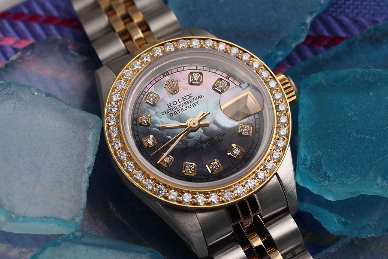 Rolex Montre Datejust vintage en or bicolore avec lunette en diamants, pour femmes 69173 Excellent état - En vente à New York, NY