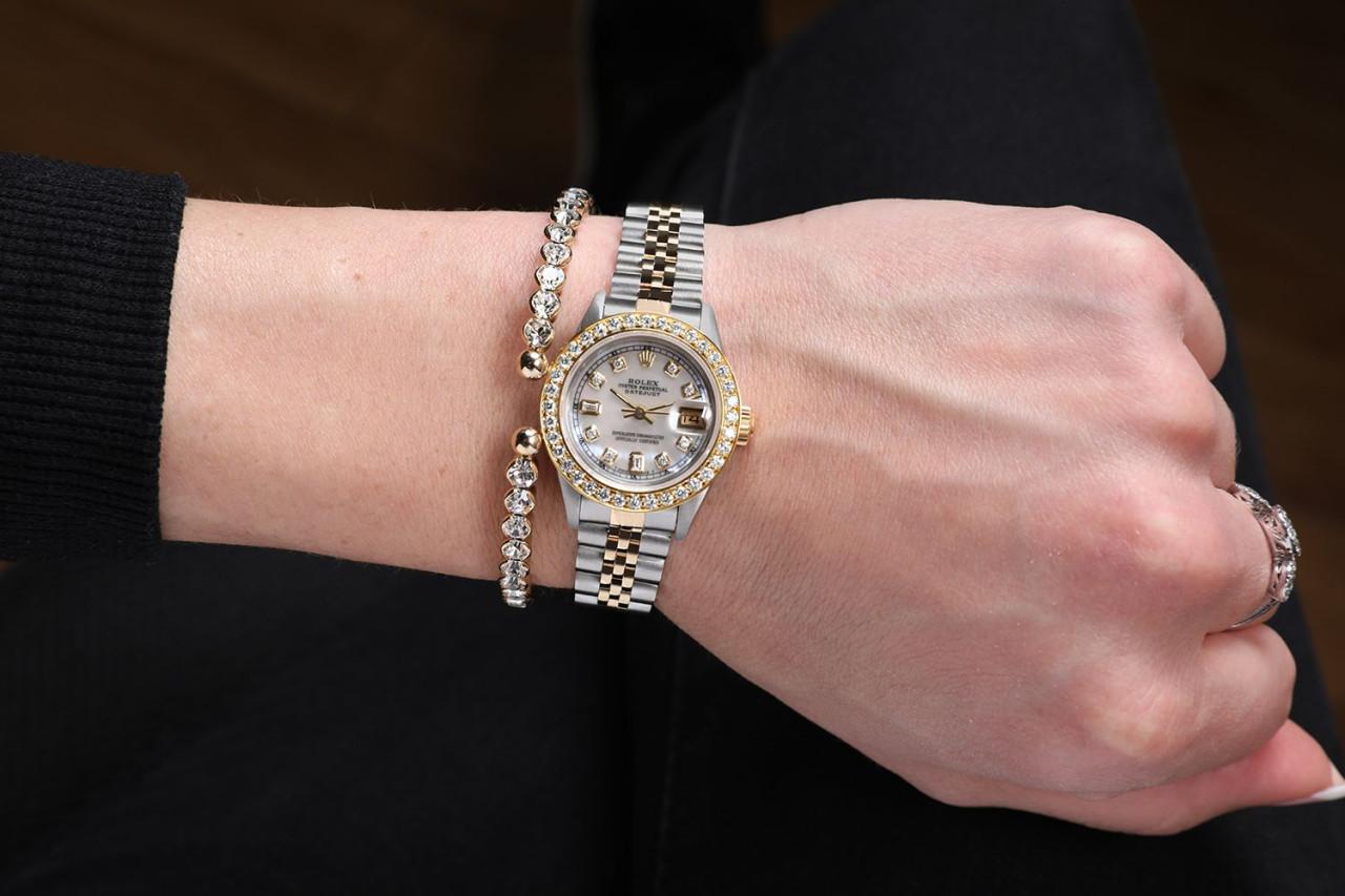 Women's Ladies Rolex Datejust Vintage Diamond Bezel Two Tone White Mop Watch 69173 For Sale