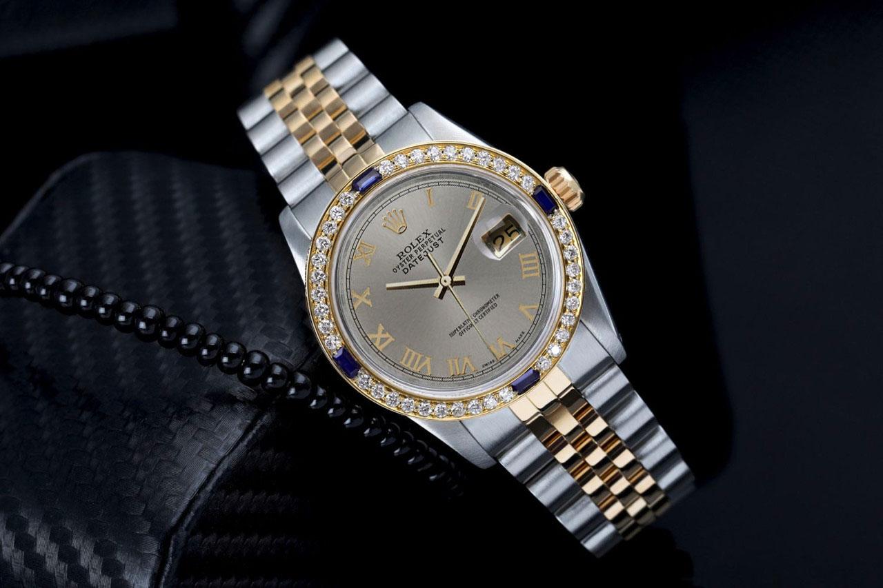Round Cut Ladies Rolex Datejust Sapphire Diamond Bezel Grey Roman Dial Two Tone Watch For Sale