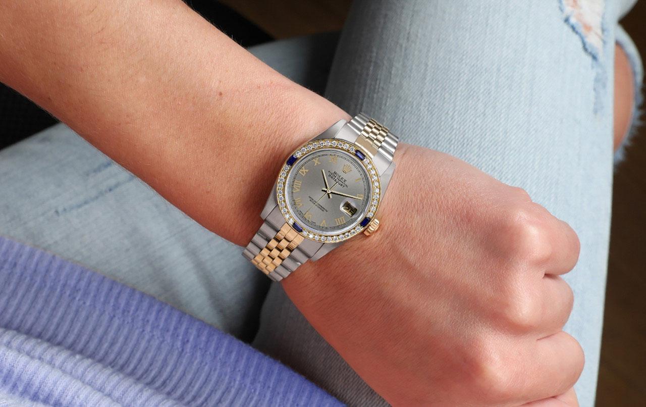 Women's or Men's Ladies Rolex Datejust Sapphire Diamond Bezel Grey Roman Dial Two Tone Watch For Sale