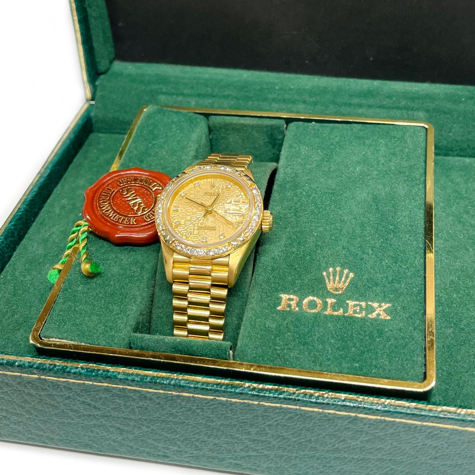 Round Cut Ladies Rolex Anniversary Datejust Diamond Bezel Watch, 1991 For Sale