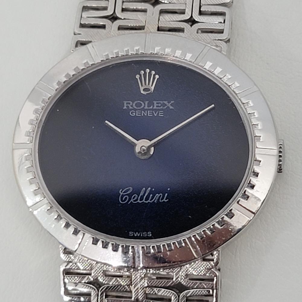 Luxurious classic, Ladies 18k solid white gold Rolex Cellini ref.4081 hand-wind dress watch, c.1970s, all original. Verified authentic by a master watchmaker. Gorgeous, two tone midnight blue Rolex signed dial, Geneve hallmarked, non-hour mark,