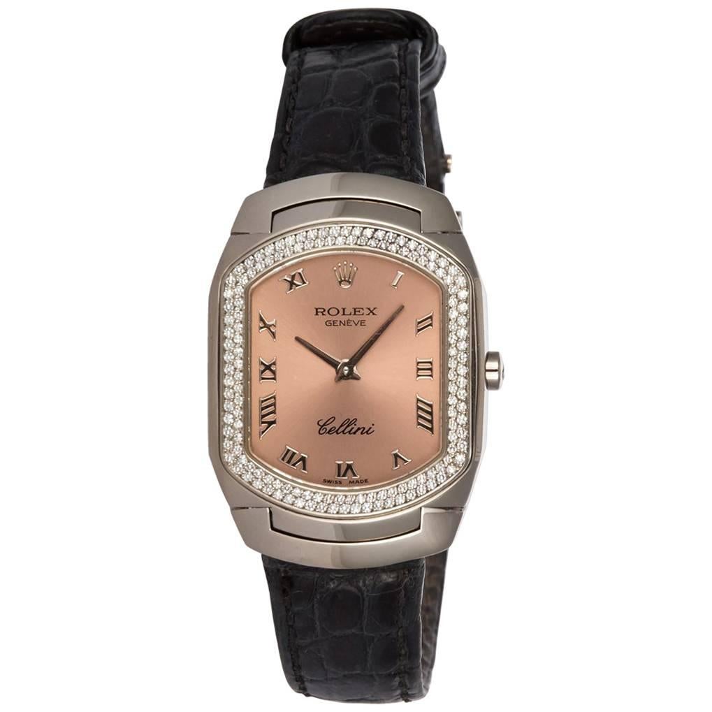 Ladies Rolex Cellini Cellissima 18 Karat White Gold 6691 Diamond Bezel Pink Dial