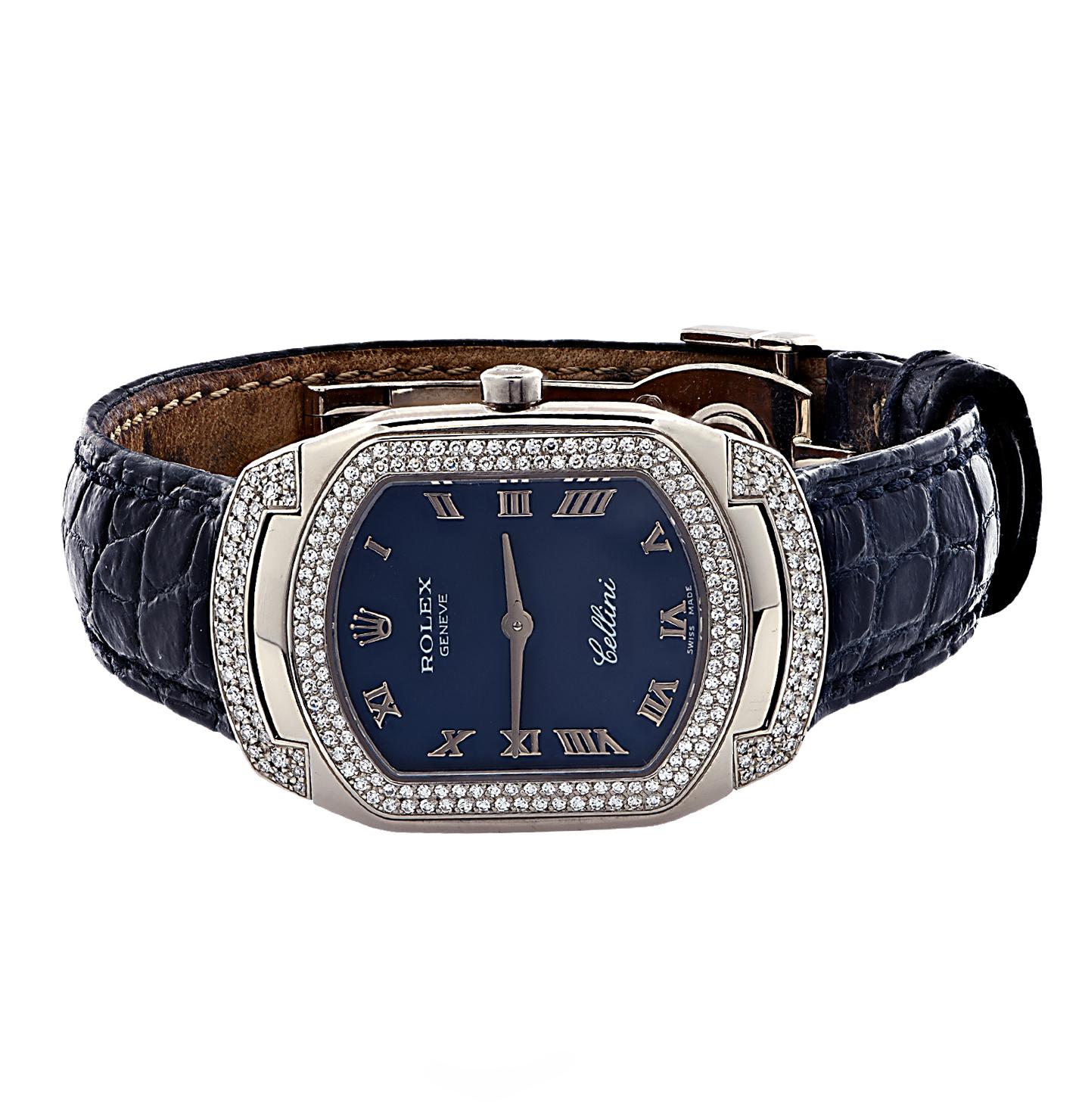 Ladies Rolex Cellissima Cellini wrist watch crafted in 18 karat white gold featuring a blue dial encrusted with 222 single cut diamonds weighing approximately 1.10 carats total, F color, VS clarity. This watch has a quartz movement and a blue