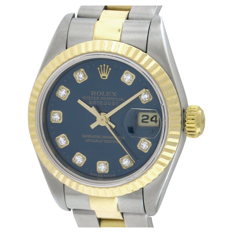 Sold at Auction: An 18K Gold and Diamond Rolex Oyster Perpetual Datejust  Ladies Watch. 18k gold bracelet and case - 26mm. Gold tone dial. Round cut  diamond encrusted bezel. Automatic movement. In