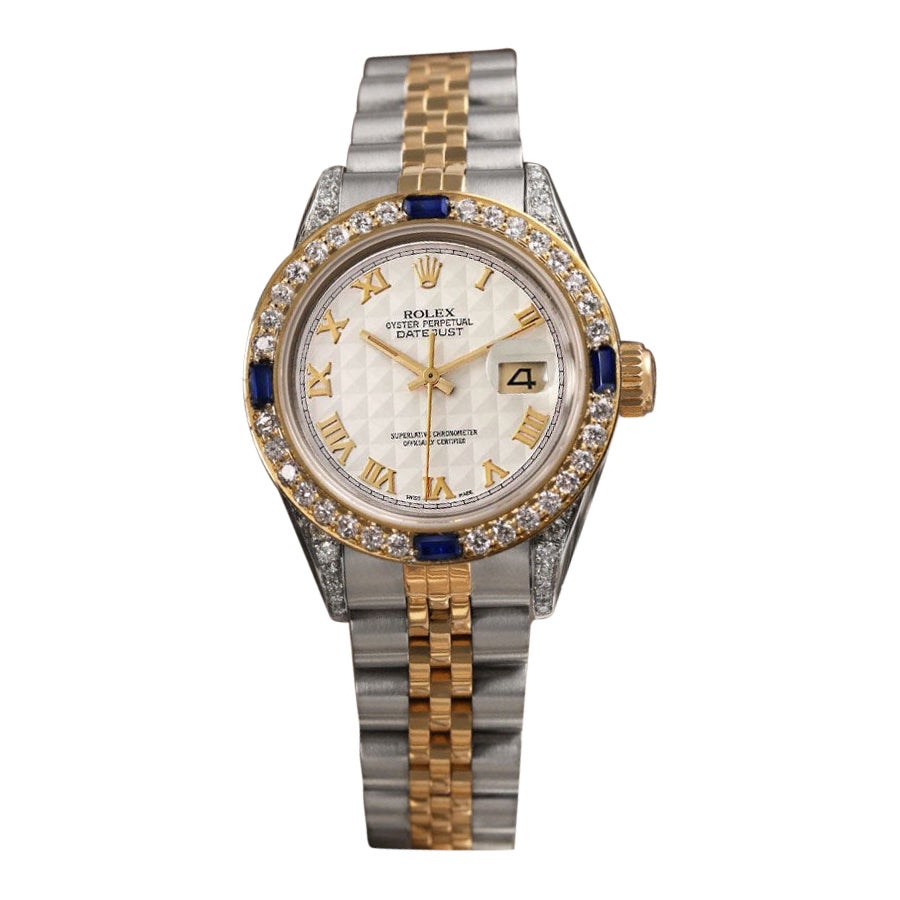 Damen Rolex Datejust Creme Pyramiden römisches Zifferblatt Zweifarbige Uhr Jubiläumsband im Angebot