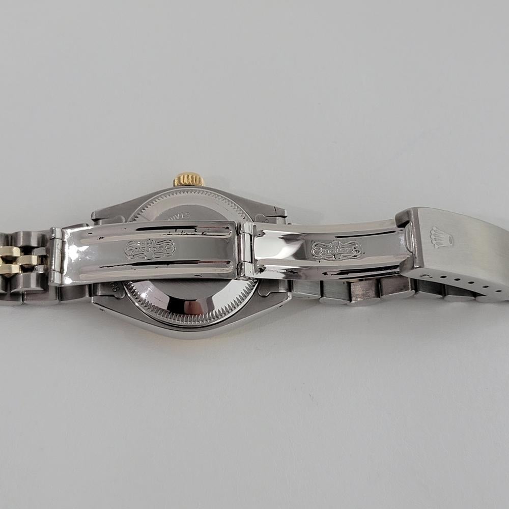 Timeless luxury, Ladies 18k gold & stainless steel Rolex Oyster Perpetual Date automatic, c.1981, all original, with original Rolex box and paper. Verified authentic by a master watchmaker. Gorgeous Rolex signed gold dial, applied indice hour