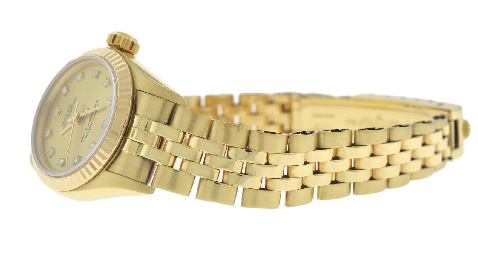 Ladies Rolex Oyster Perpetual 14 Karat Yellow Gold Diamond Dial Watch For Sale 2