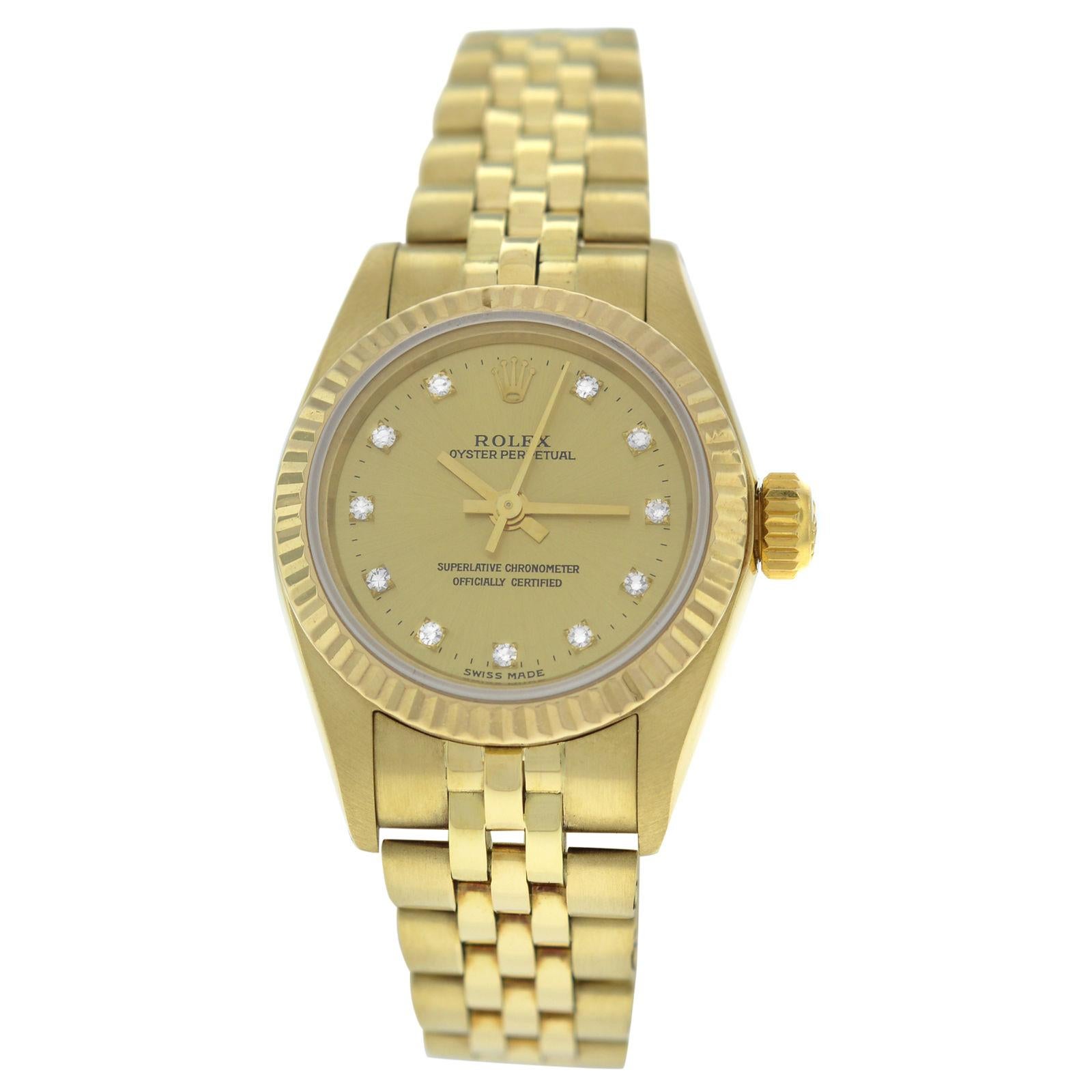 Ladies Rolex Oyster Perpetual 14 Karat Yellow Gold Diamond Dial Watch For Sale