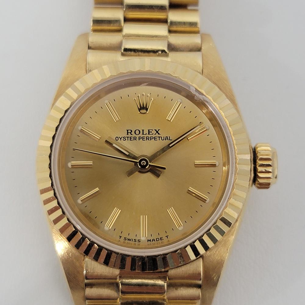 Timeless luxury, Ladies 18k solid gold Rolex Oyster Perpetual automatic dress watch, c.1987, all original, with original box and booklet. Verified authentic by a master watchmaker. Gorgeous Rolex signed gilt dial, applied indice hour markers, gilt