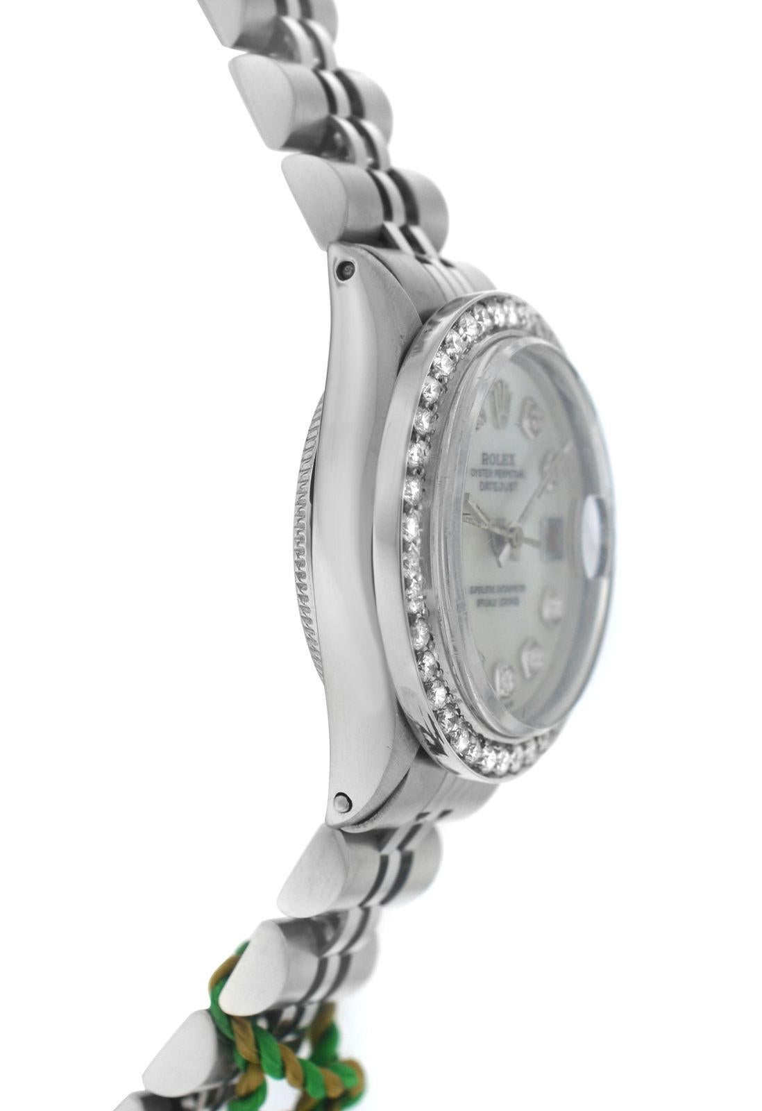 Modern Ladies Rolex Oyster Perpetual Date Stainless Steel Diamond Mother of Pearl Watch
