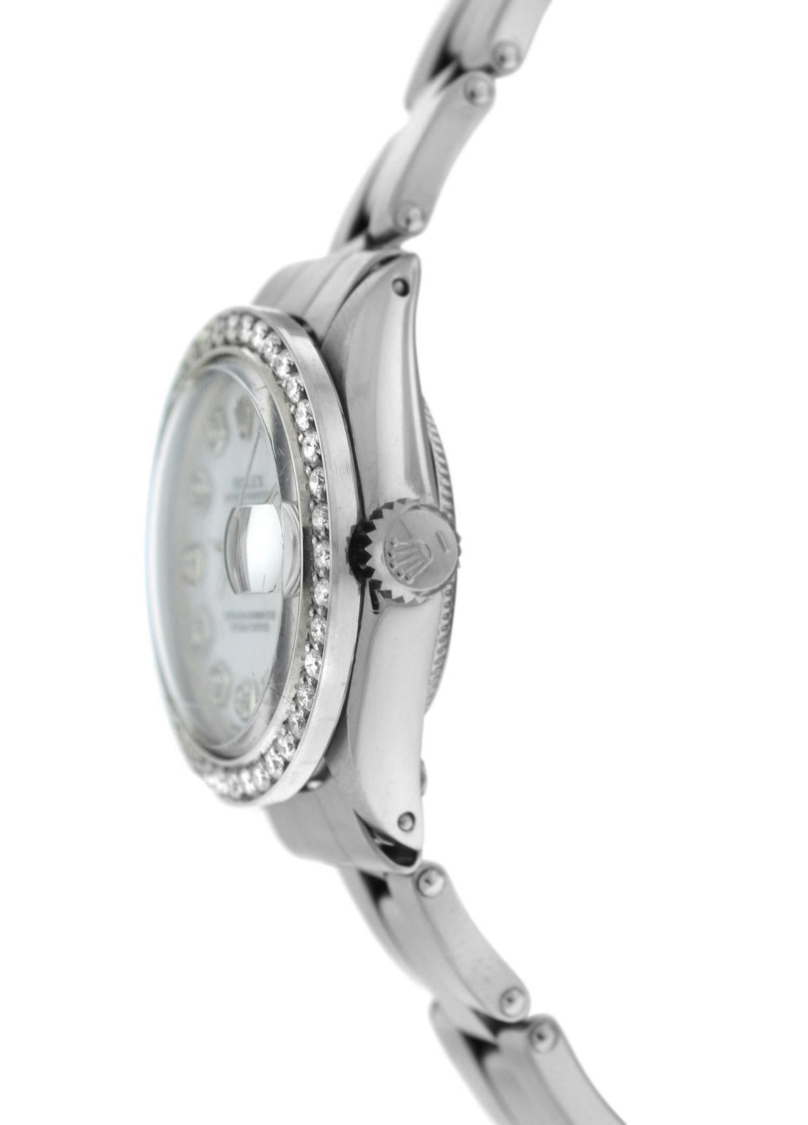 Modern Ladies Rolex Oyster Perpetual Date Stainless Steel Diamond Mother of Pearl Watch
