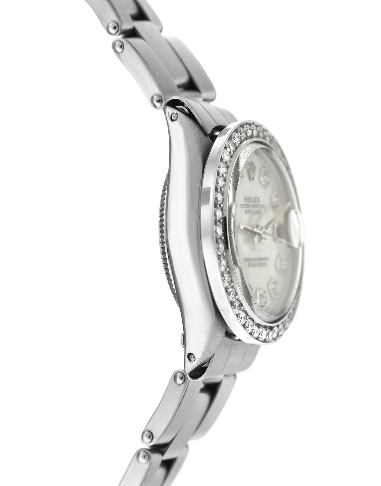 Ladies Rolex Oyster Perpetual Date Stainless Steel Diamond Mother of Pearl Watch In Excellent Condition In New York, NY