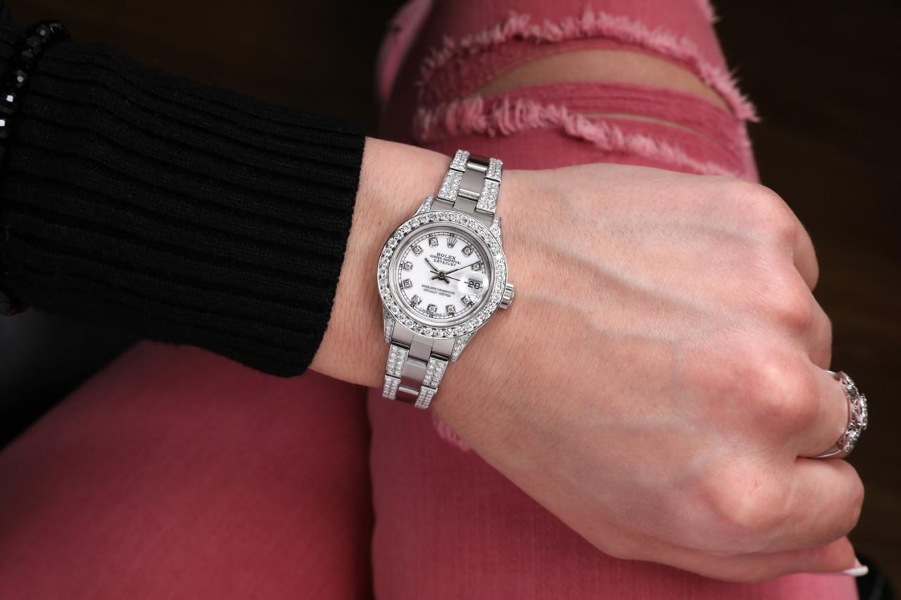 Ladies Rolex White Track Datejust S/S Oyster Perpetual Diamond Watch 69160 For Sale 3