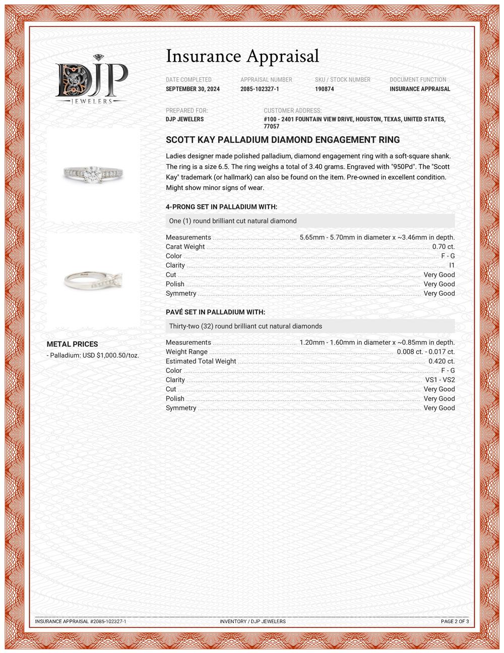 Ladies Scott Kay Palladium Diamond Engagement Ring 4