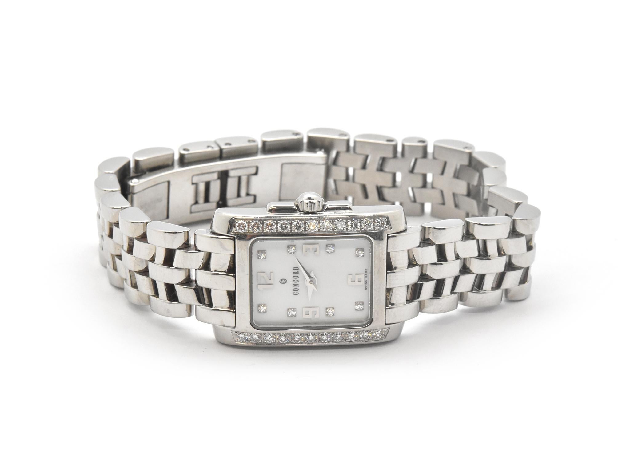 Movement: Swiss quartz
Function: hours, minutes
Case: 19x28mm steel case, sapphire crystal, diamond side bezel
Band: steel bracelet with steel deployment clasp, fits up to 7-inch wrist
Dial: white mother-of-pearl dial with diamonds, silver hands and