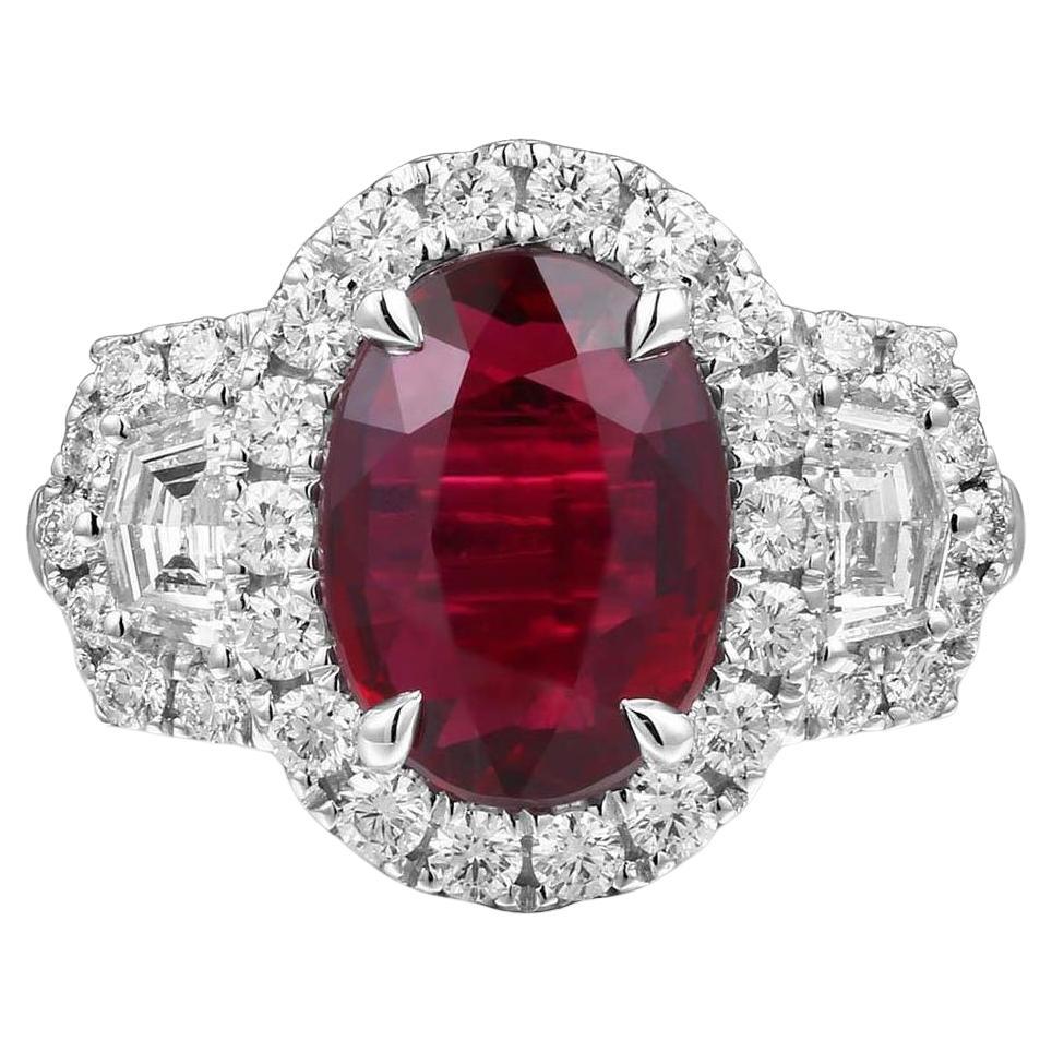 Ladies Statement GRS Certified5.29cttw Oval Pigeon Blood Red Ruby & Diamond Ring For Sale