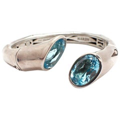 Ladies Sterling Silver John Hardy Bamboo Cuff Bracelet with Blue Topaz