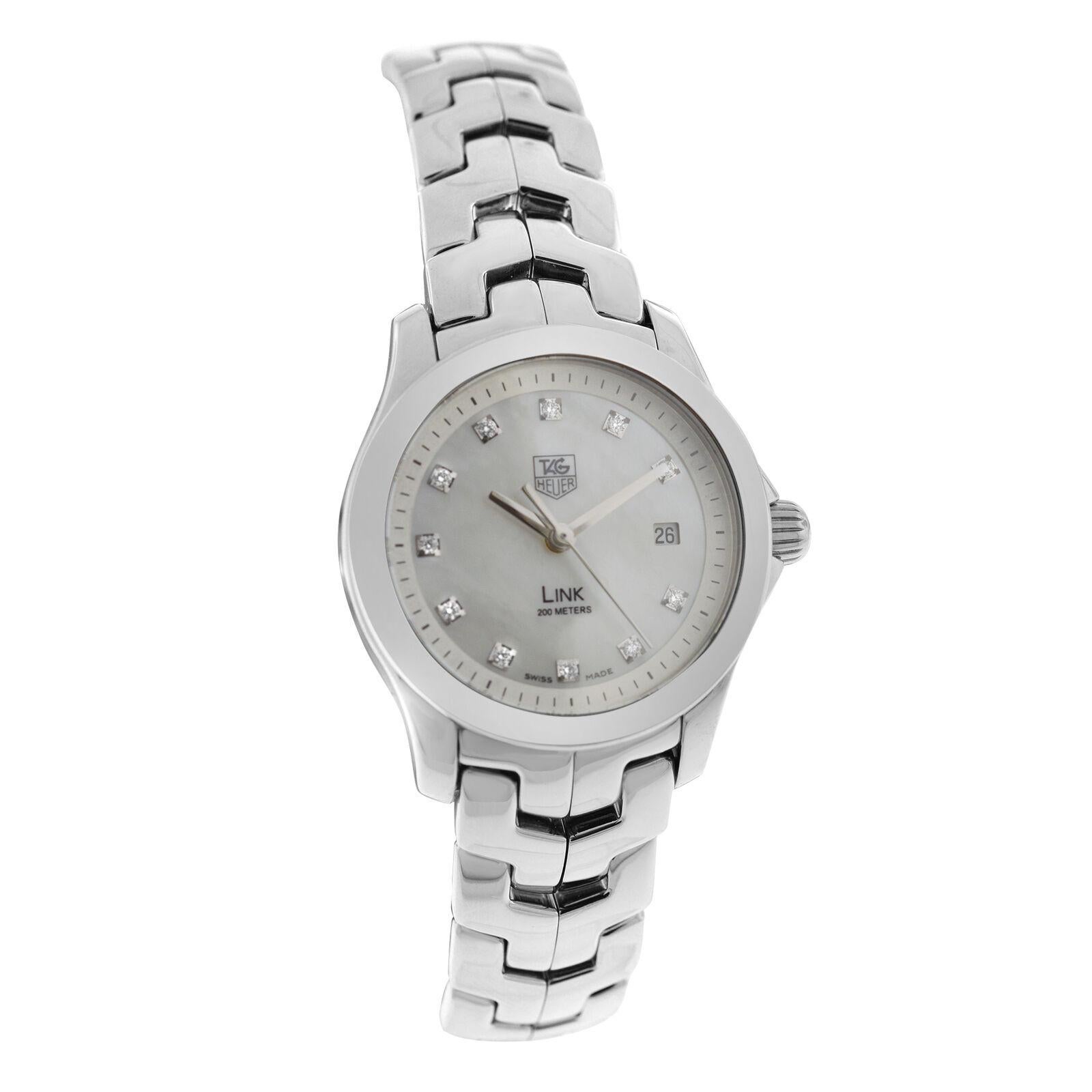 Brand	Tag Heuer
Model	Link WJF1317
Gender	Ladies
Condition	Pre-owned
Movement	Swiss Quartz
Case Material	Stainless Steel
Bracelet / Strap Material	
Stainless Steel

Clasp / Buckle Material	
Stainless Steel 

Clasp Type	Deployment
Bracelet / Strap