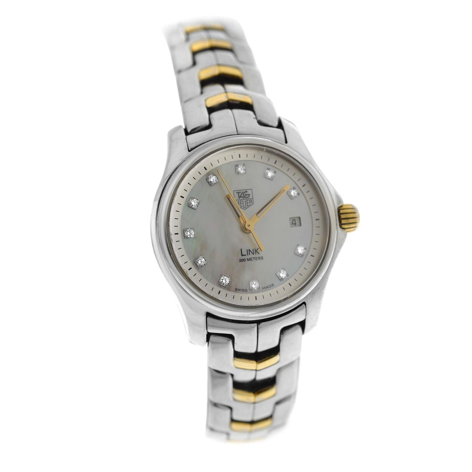 Brand	Tag Heuer
Model	Link WJF1353.BB0581
Gender	Ladies
Condition	Pre-owned
Movement	Swiss Quartz
Case Material	Stainless Steel
Bracelet / Strap Material	
Stainless Steel

Clasp / Buckle Material	
Stainless Steel 

Clasp Type	Deployment
Bracelet /