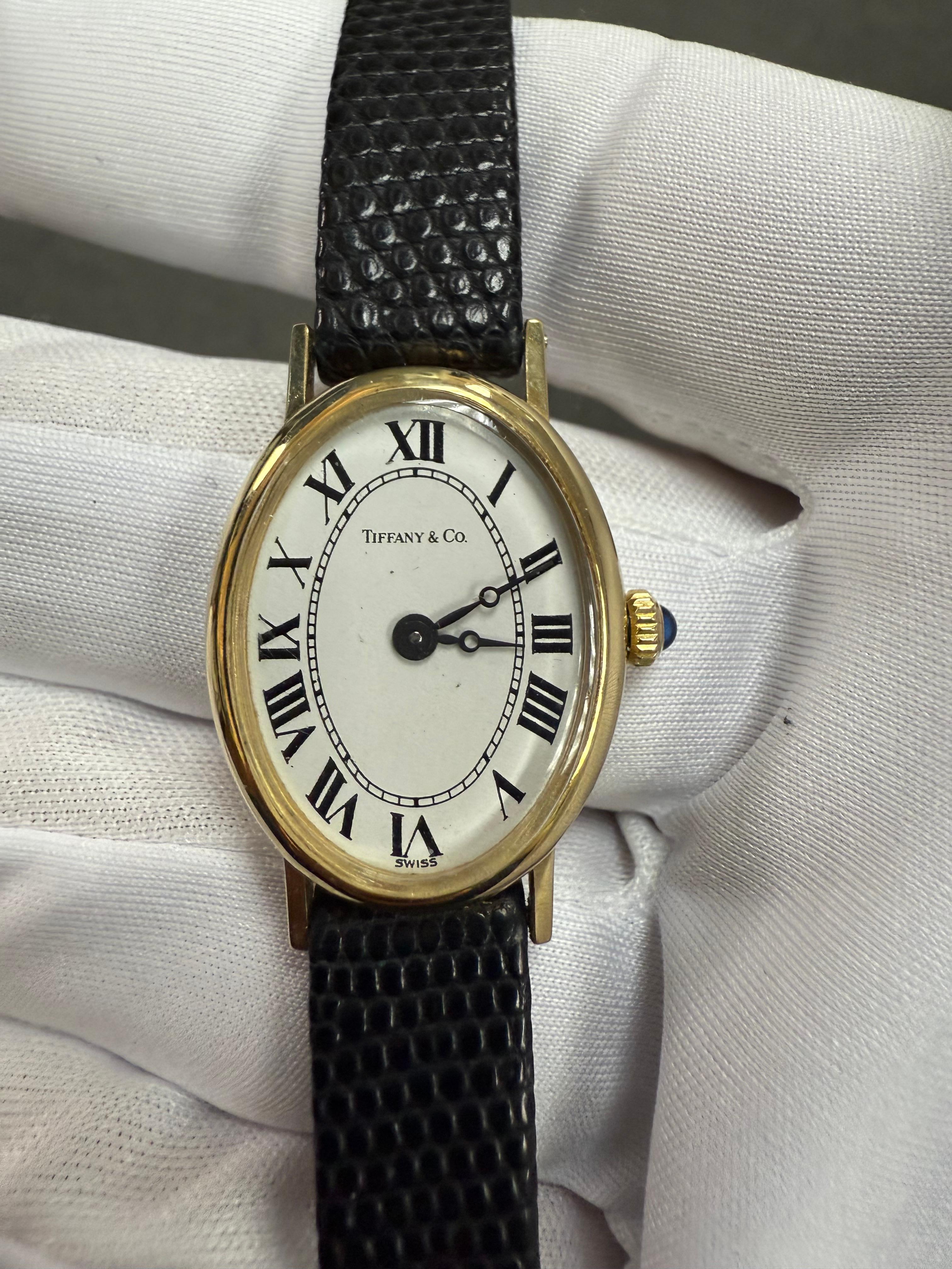 Reloj de pulsera Tiffany de oro amarillo de 14 quilates de los años 70 para señora, con correa de piel en venta 4