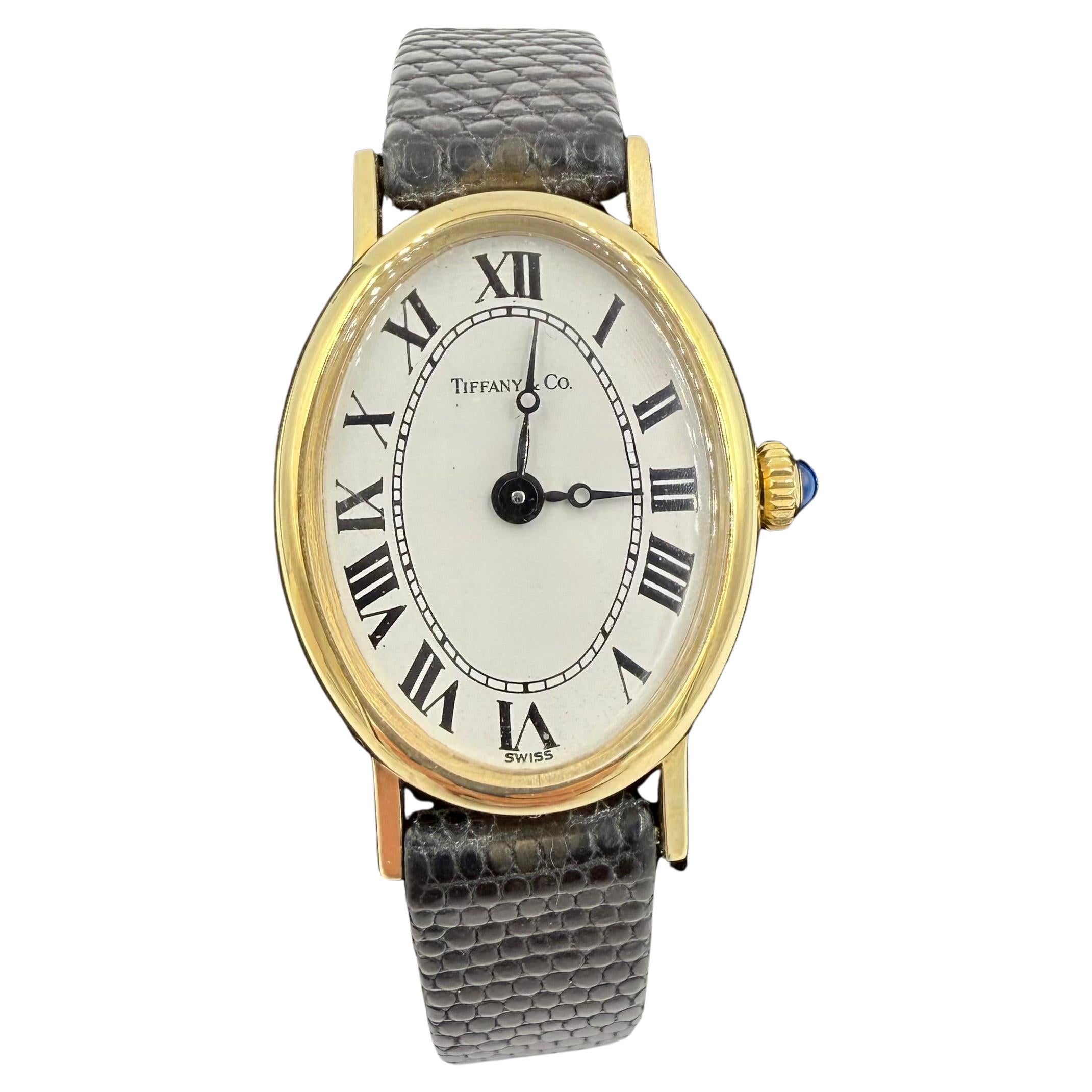 Reloj de pulsera Tiffany de oro amarillo de 14 quilates de los años 70 para señora, con correa de piel en venta