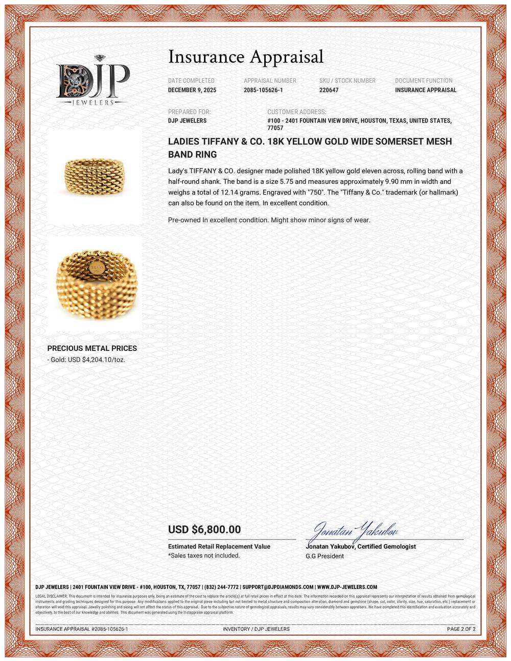 Ladies Tiffany & Co. 18K Yellow Gold Wide Somerset Mesh Band Ring im Angebot 5
