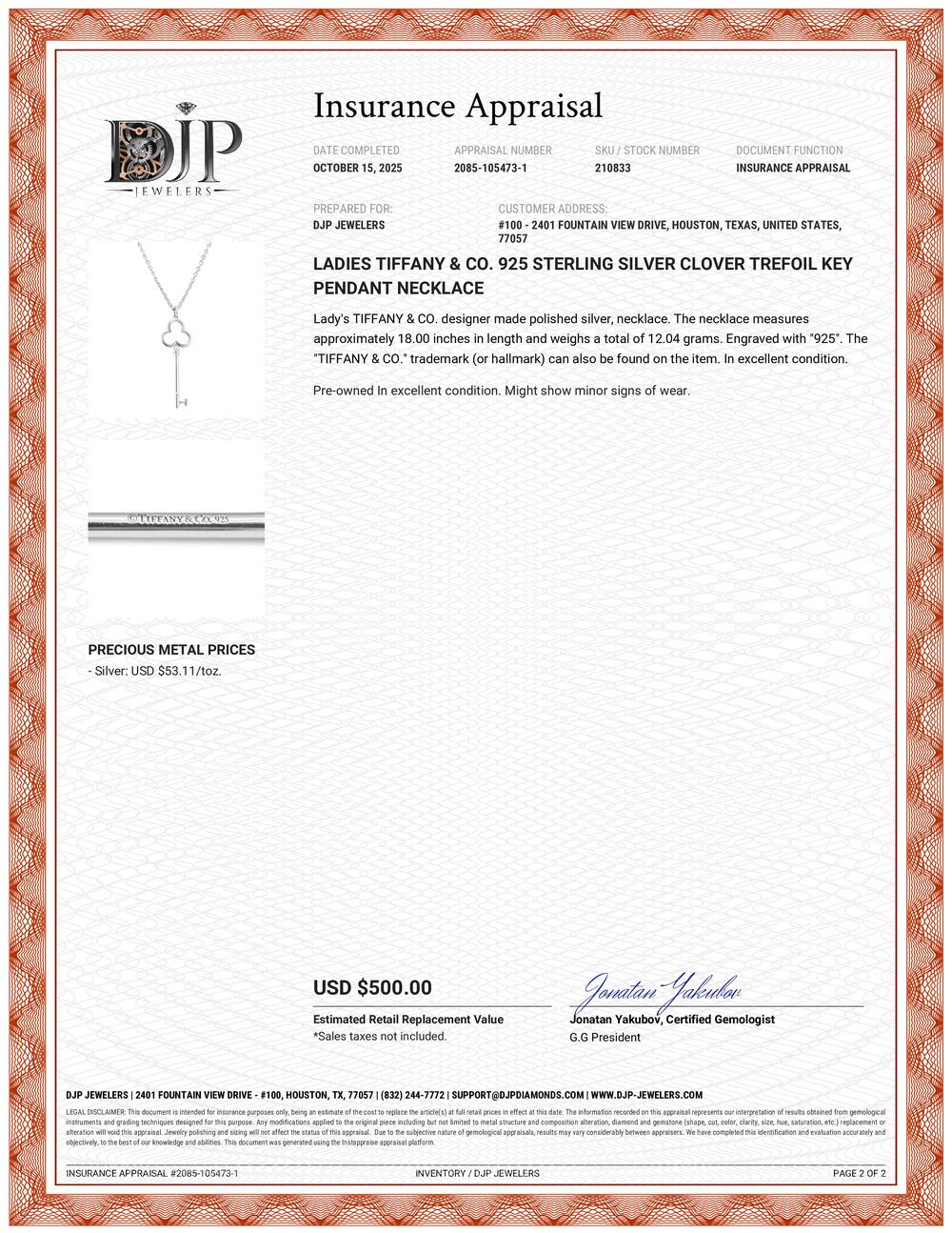 Collier à pendentif clé trèfle en argent 925 de Tiffany & Co. en vente 6