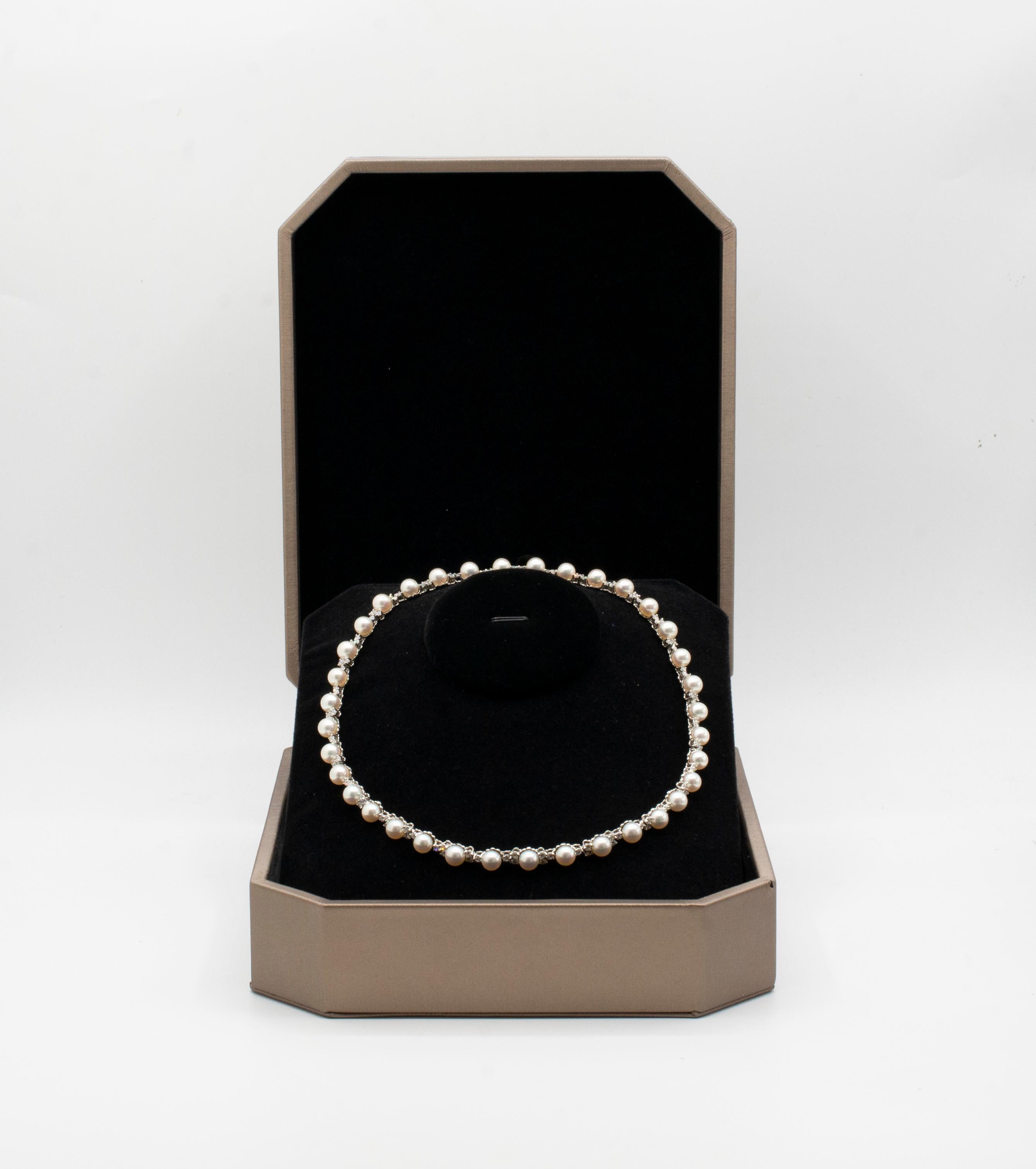 Round Cut Ladies Tiffany & Co. Akoya Cultured Pearls Diamond Platinum Necklace