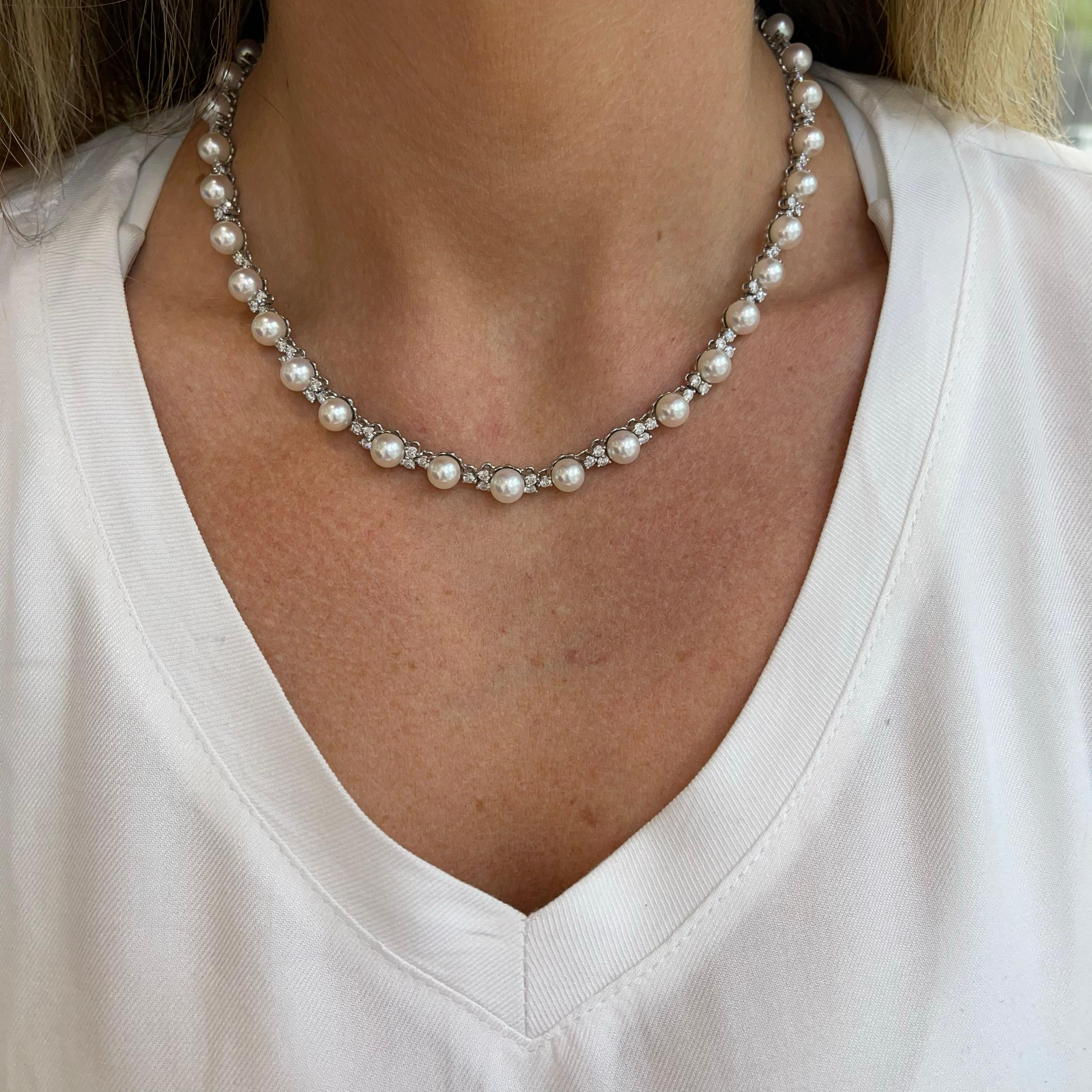 Women's Ladies Tiffany & Co. Akoya Cultured Pearls Diamond Platinum Necklace