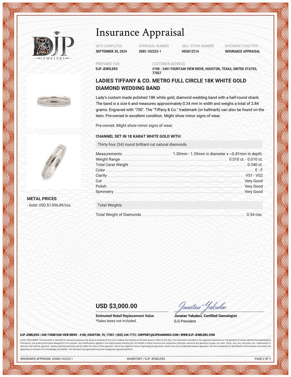 Señoras Tiffany & Co. Alianza de boda con diamantes Metro Full Circle de oro blanco de 18 quilates en Excelente estado para la venta en Houston, TX