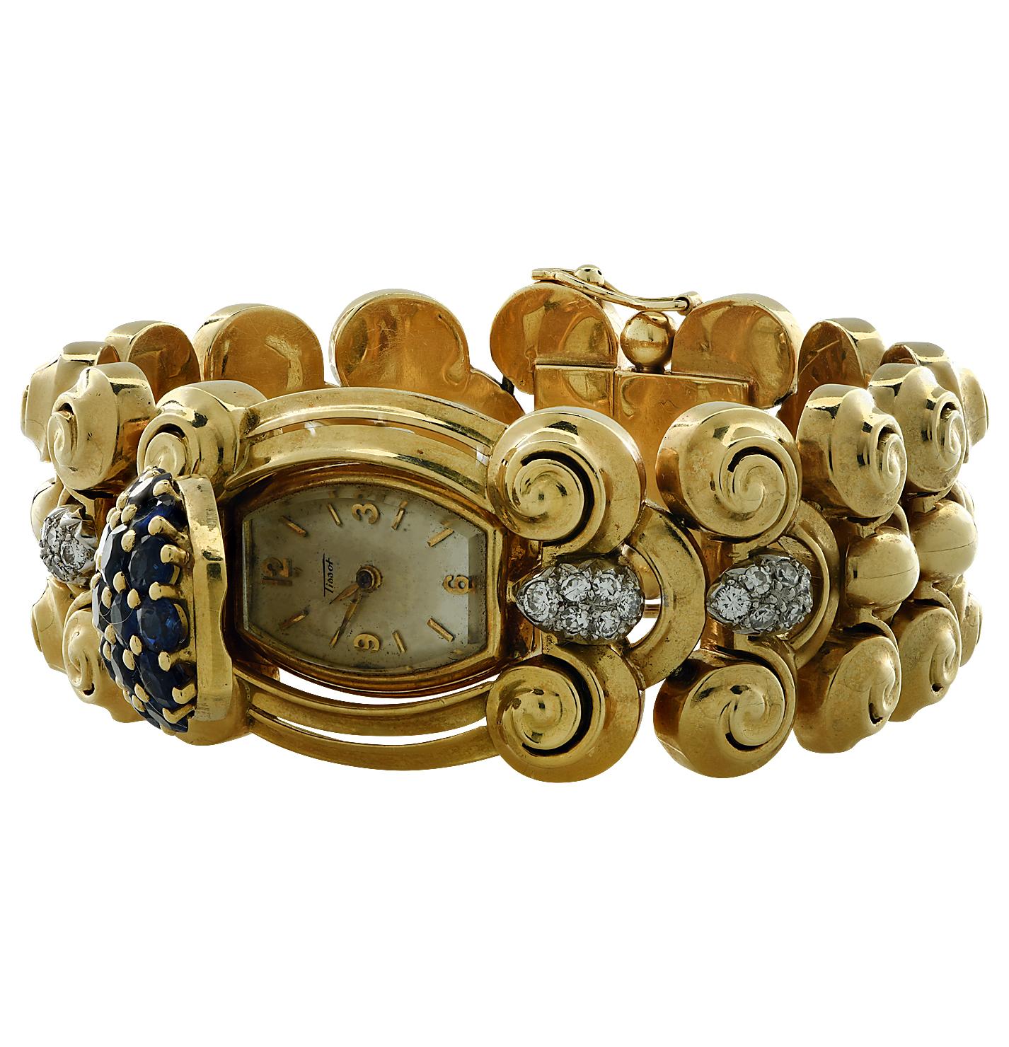 Circa 1960 ladies Tissot hidden face watch featuring 8 carats of vibrant blue sapphires and .60cts of single cut and old European cut diamonds hiding a manual wind movement.  The watch measures 7 inches in length and 25mm at the widest point. Tissot