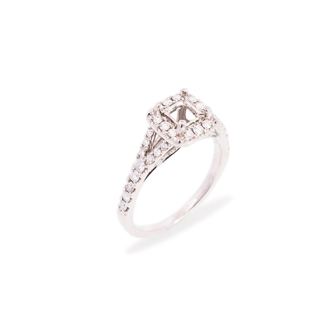Brand: Tolkowsky

Gender: Ladies

Size(US): 7.25

Shank Width: 1.45mm

Head Measurements: 9.20mm by 8.95mm

Center Stone Measures: 4.4mm to 4.6mm in diameter

Weight: 3.92 grams

Ladies designer made 14K white gold diamond engagement semi-mount ring