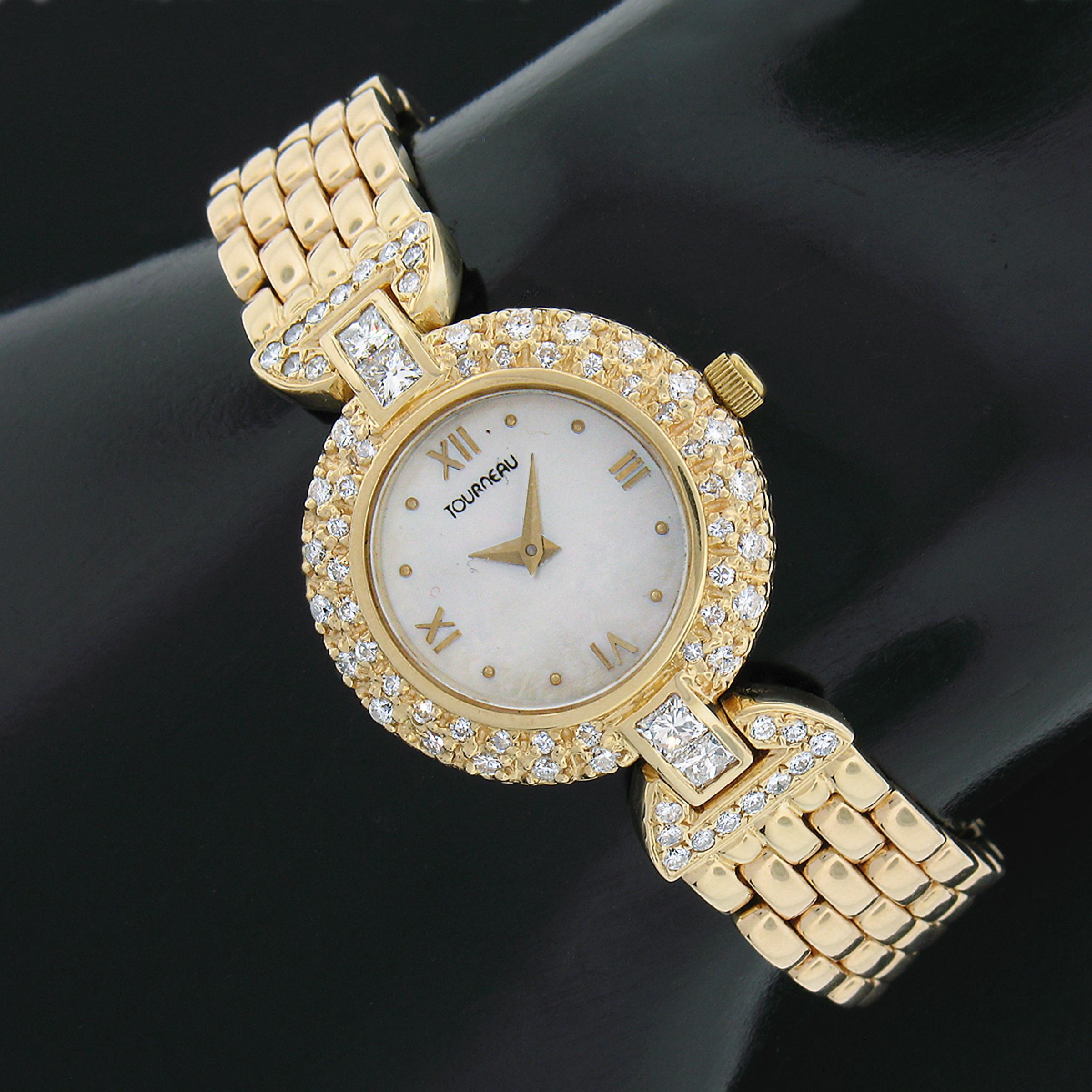 Women's Ladies Tourneau 14k Gold 1.17ct Diamond Mother of Pearl Dial Quartz Luxury Watch