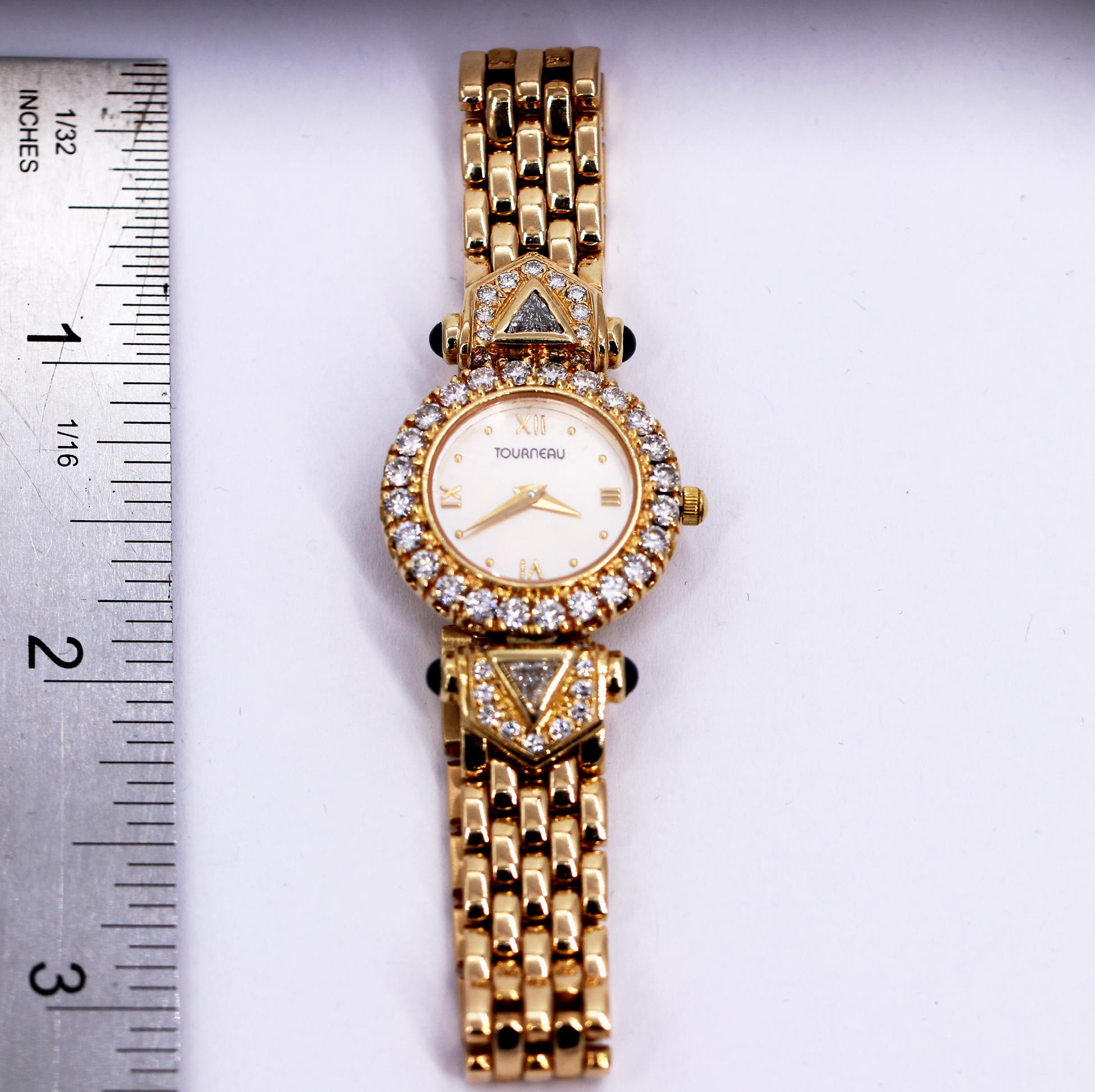 Ladies Tourneau Gold Watch with Diamonds Sapphires and Mother of Pearl Dial 2