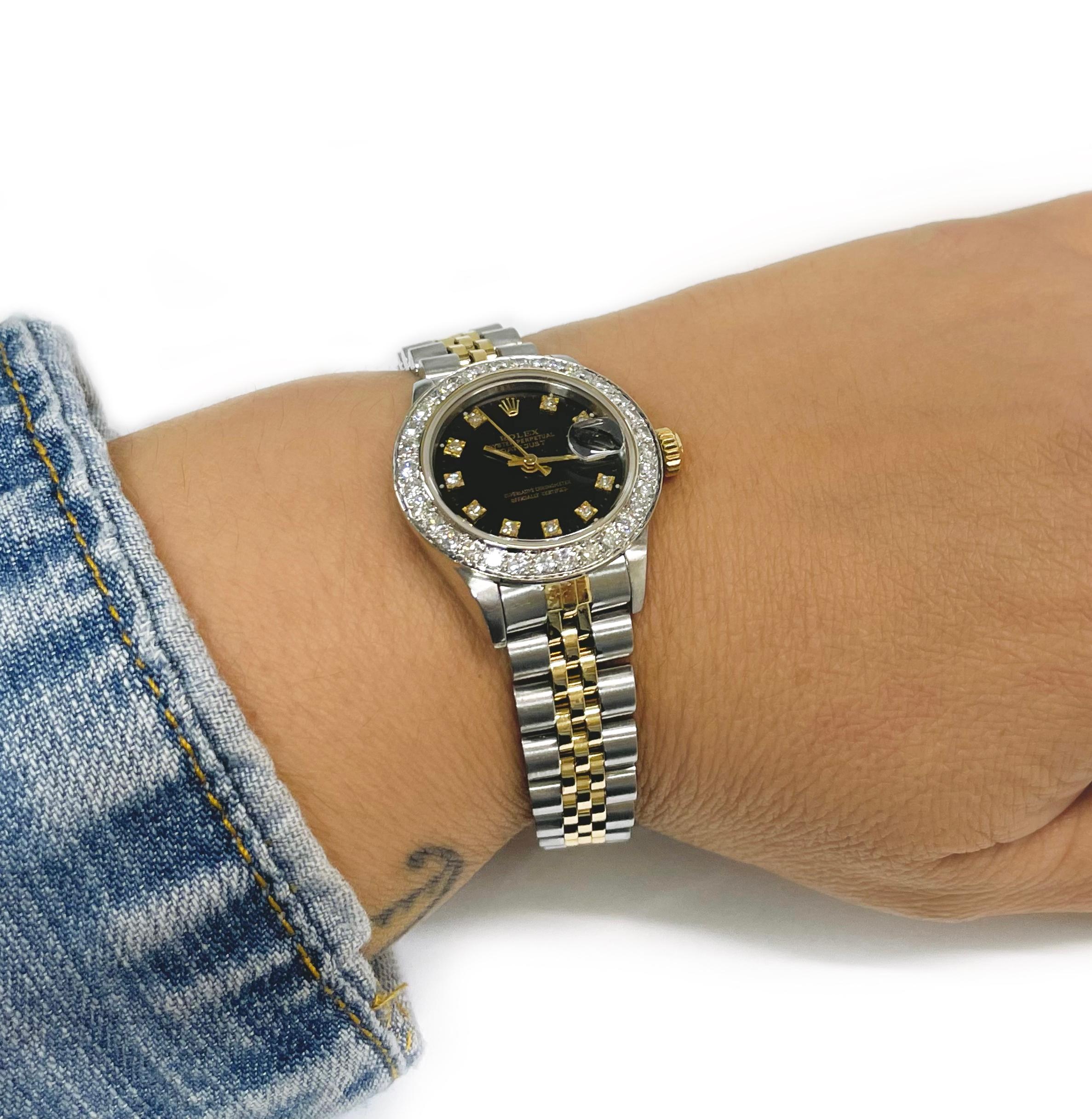Ladies Two-Tone Rolex Oyster Perpetual Datejust Diamond Bezel Watch, Case/Box In Good Condition In Palm Desert, CA