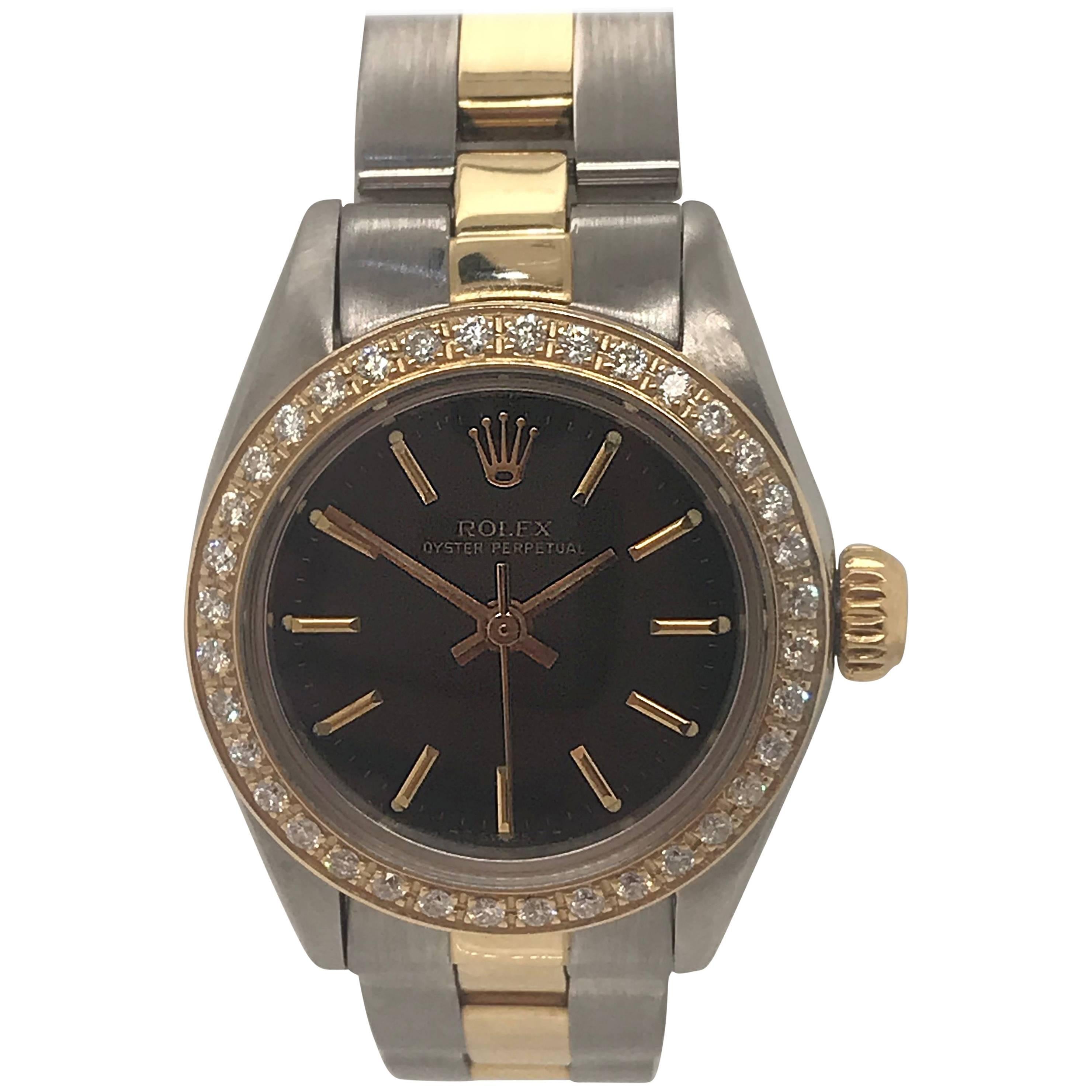 Ladies two tone Rolex with Black Dial and Diamond Bezel, circa 1980  